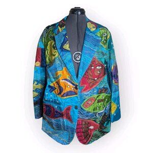 Vintage Sandy Starkman Jacket Wearable Art Multi-Color Embroidered Fish Sz M 80s